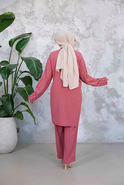 Neva Style Pearl Embroidered Dusty Rose Hijab Double Suit 65883Gk