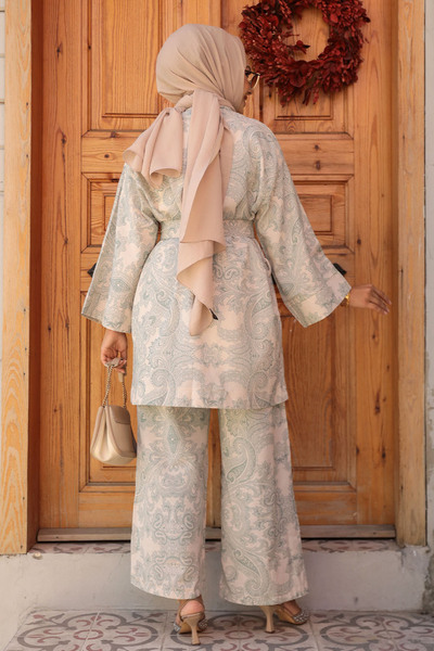 Neva Style Set kimono Hijab cu model verde Çağla - 12122CY