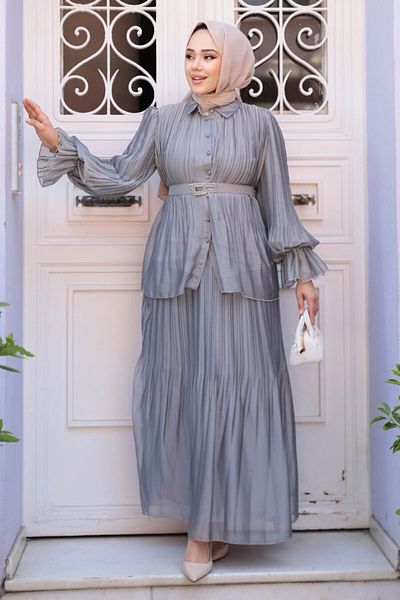 N.S NEVA STYLE Διπλό Σετ με Πλισέ Καπνιστή Φούστα Hijab 4478FU