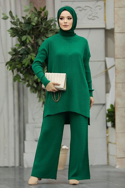 Neva Style Πράσινο Πλεκτό Μουσουλμανικό Σετ Διπλό 33450y
