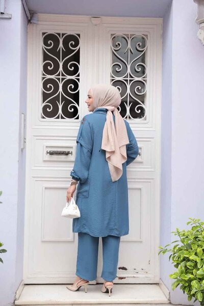 N.S NEVA STYLE Indigo Blue Hijab with Necklace Double Set 52631Im