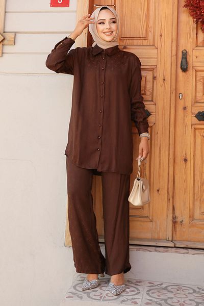 Neva Style Brown Patterned Hijab Double Set - 12502KH