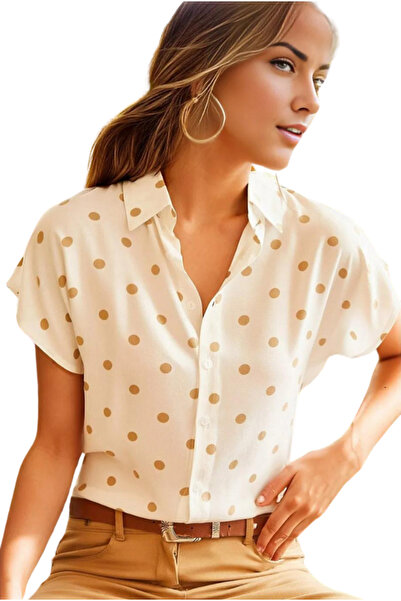 Cassime Λευκό πουά πουά κρεμ πουκάμισο - κοντό μανίκι νυχτερίδας, κουμπιά