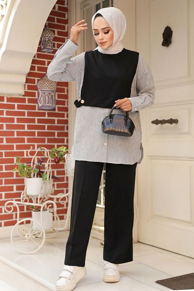 Neva Style Black Hijab Sweater Double Set - 20084S