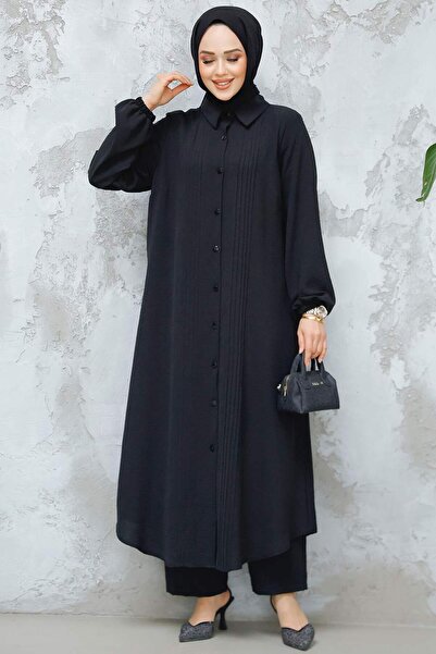 Neva Style Black Hijab Double Set - with Buttons 10891S