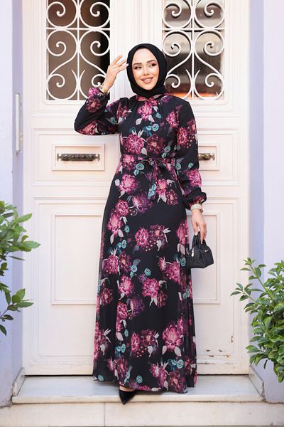 Neva Style Φόρεμα Μαύρο Hijab με Floral Print 27965S