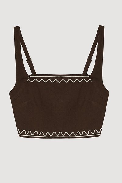 Quzu Embroidered Piping Linen Crop Blouse Dark Brown