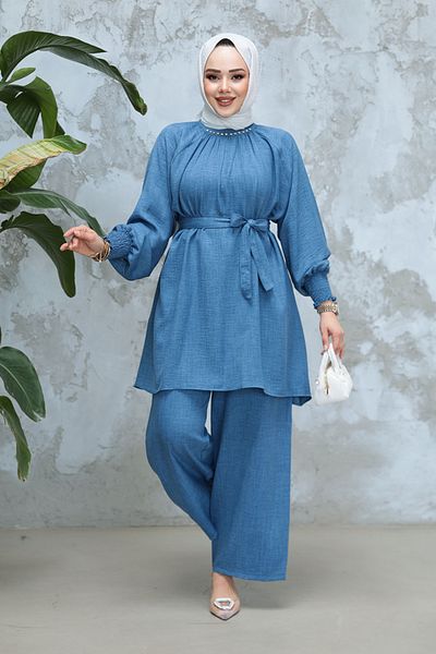 Neva Style Indigo Blue Belted Hijab Διπλό Σετ 44691IM