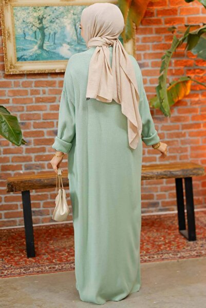 Neva Style Cagla Green Dress Knitwear Hijab Double Set - 50049Cy