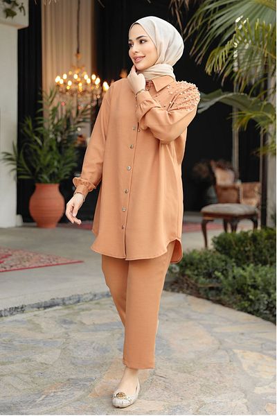 Neva Style Pearl Detailed Biscuit Hijab Double Set 12461BS
