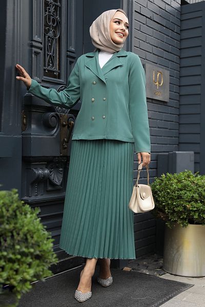 Neva Style Çağla Green Hijab Σετ δύο τεμαχίων με φούστα και μπουφάν - 12601CY