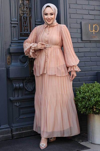 N.S NEVA STYLE Διπλό Σετ με Πλισέ Σολομό Hijab Φούστα 4478SMN
