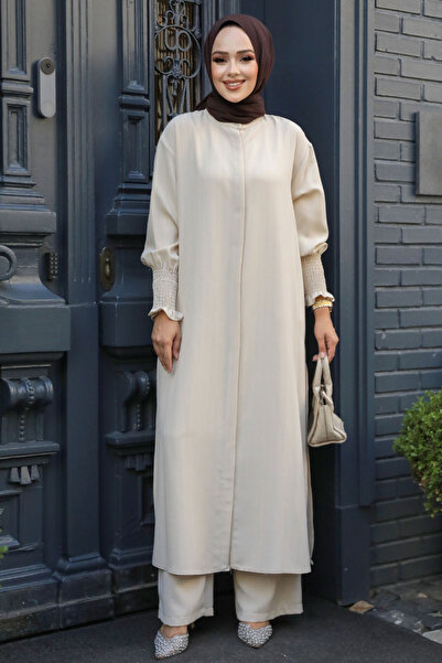 Neva Style Μπεζ ριγέ Χιτζάμπ Διπλό Σετ - 14236μπεζ