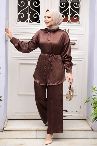 N.S NEVA STYLE Καφέ Hijab Διπλό Σετ με Κουμπί 4016KH