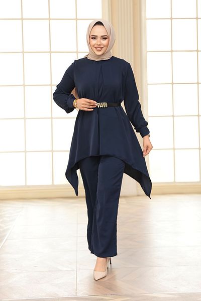 N.S NEVA STYLE طقم حجاب أزرق داكن غير متماثل قطعتين 20253L