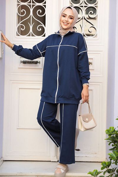 Neva Style Navy Blue Hijab Zippered Double Set - 20105L
