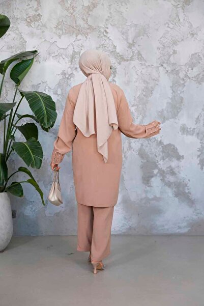Neva Style Μαργαριτάρι Κεντημένο Camel Hijab Διπλό Σετ 65883C