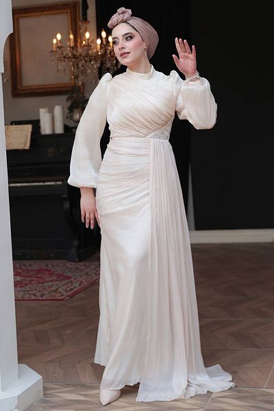 N.S NEVA STYLE Βραδινό φόρεμα Hijab με λεπτομέρεια μπεζ 52585BEJ