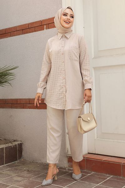 Neva Style Μπεζ Hijab Διπλό Σετ - Gingham Λεπτομέρεια, 12191BEJ