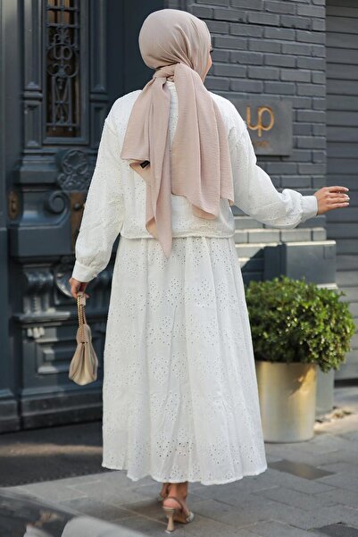 Neva Style Güpürlü Beyaz Tesettür Etekli İkili Takım 14171B
