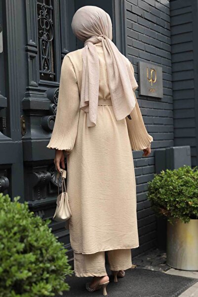 Neva Style Beige Hijab Double Set - Buttoned, Model 12581Beige