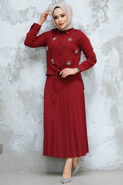 Neva Style Bead Detailed Cherry Hijab Skirt Double Suit 60062Vsn
