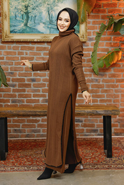 Neva Style Fitilli Kahverengi Tesettür Triko İkili Takım 35971KH