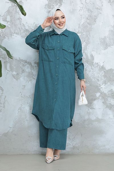 Neva Style Buttoned Petrol Blue Hijab Double Suit 44661Pm