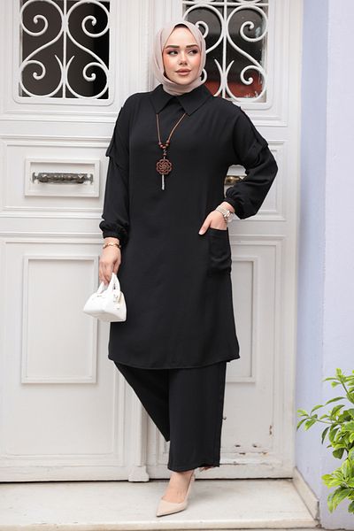 N.S NEVA STYLE Μαύρο Hijab Διπλό Σετ με Κολιέ 52631S
