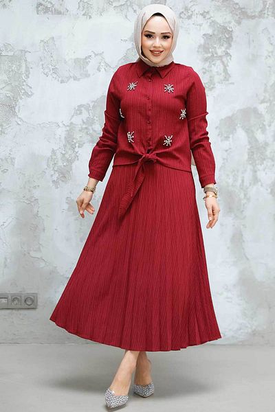 Neva Style Bead Detailed Cherry Hijab Skirt Double Suit 60062Vsn