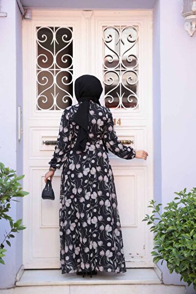 Neva Style Μαύρο Μουσουλμανικό Φόρεμα με Floral Σχέδιο 279909S