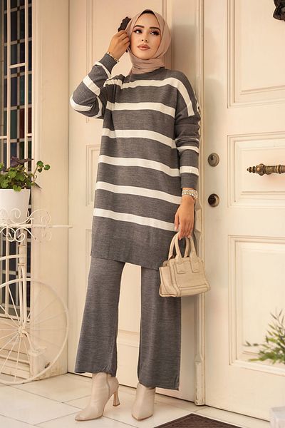 Neva Style Striped Dark Gray Hijab Knitwear Double Suit 3439Kgr