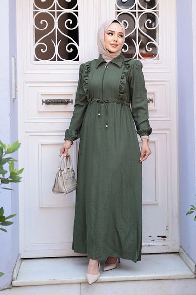 Neva Style Χακί Ρόμπα Hijab με φερμουάρ 17021HK