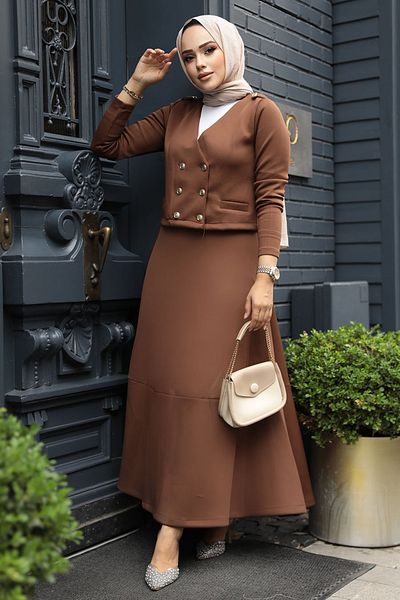 Neva Style بدلة مزدوجة مع تنورة حجاب بنية وسترة - 12371KH