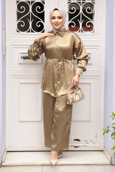 N.S NEVA STYLE Buttoned Oil Green Hijab Double Suit 4016Yy