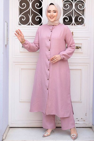 N.S NEVA STYLE Dusty Rose Hijab Διπλό Σετ με Κουμπί 19017GK