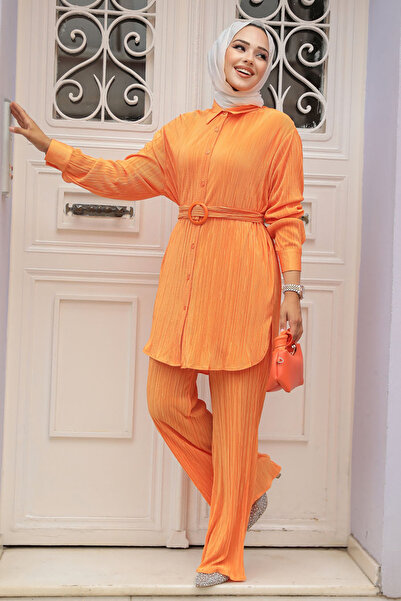 Neva Style Orange Pleated Hijab Double Set -100044T