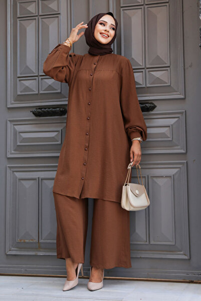 Neva Style Brown Hijab Double Set - Buttoned, 12172KH