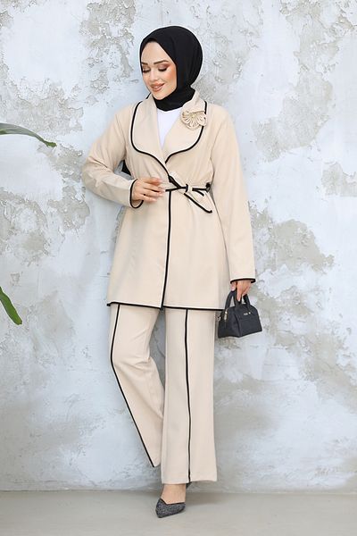 Neva Style Μπεζ Μπουφάν Hijab Διπλό Σετ 40051BEJ