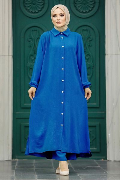Neva Style Buttoned Indigo Blue Hijab Double Set 10101ım