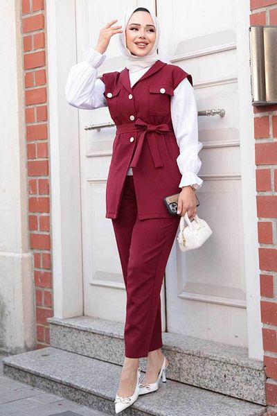 N.S NEVA STYLE Γιλέκο Claret Red Hijab Τριπλό Σετ 6169BR