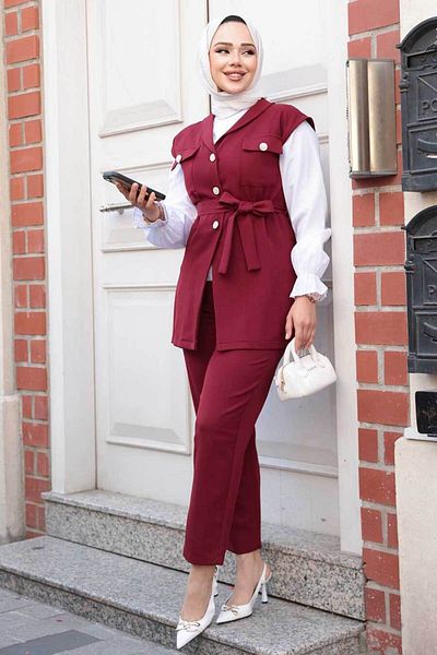 N.S NEVA STYLE Γιλέκο Claret Red Hijab Τριπλό Σετ 6169BR