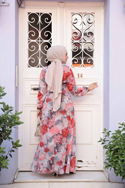 Neva Style Floral Patterned Red Hijab Dress 27990K