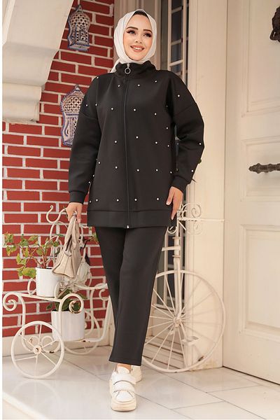 Neva Style Black Hijab Zippered Double Suit - 12401S