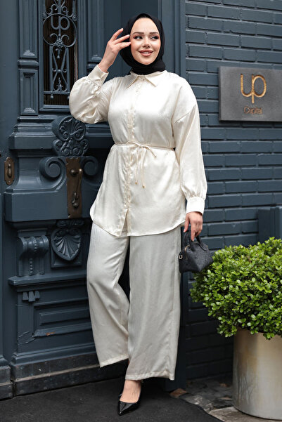 N.S NEVA STYLE Buttoned Cream Hijab Double Suit 4016Kr