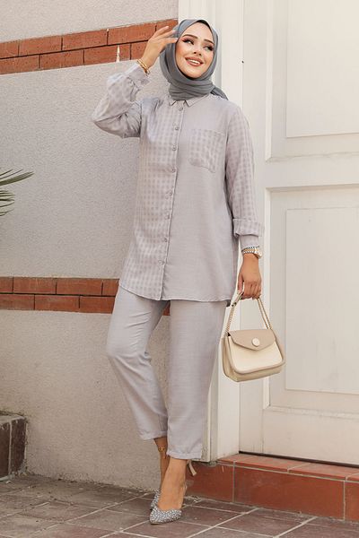 Neva Style Gray Hijab Double Set - Gingham Detailed 12191GR