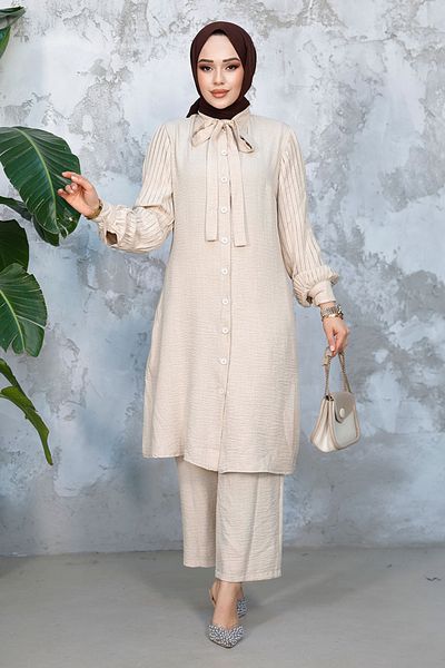 Neva Style Πλισέ μανίκια Μπεζ Χιτζάμπ Διπλό Σετ 51991BEJ