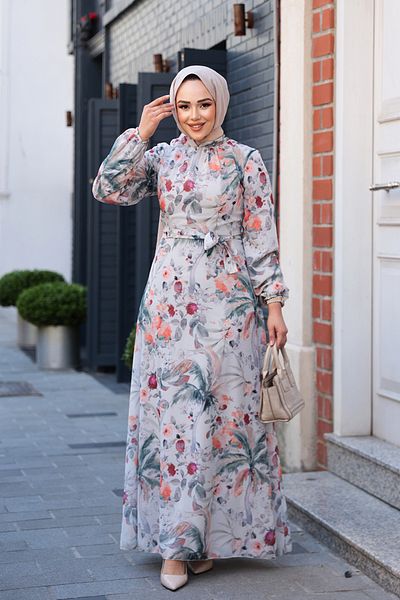 Neva Style Φόρεμα Hijab Ecru με σχέδιο λουλουδιών 27988E