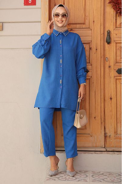 Neva Style Σετ Hijab με κεντημένες χάντρες Indigo Blue - 16701IM