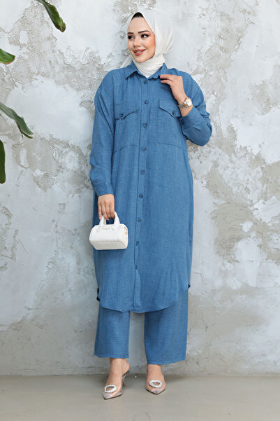 Neva Style Indigo Blue Buttoned Hijab Double Suit 44661Im